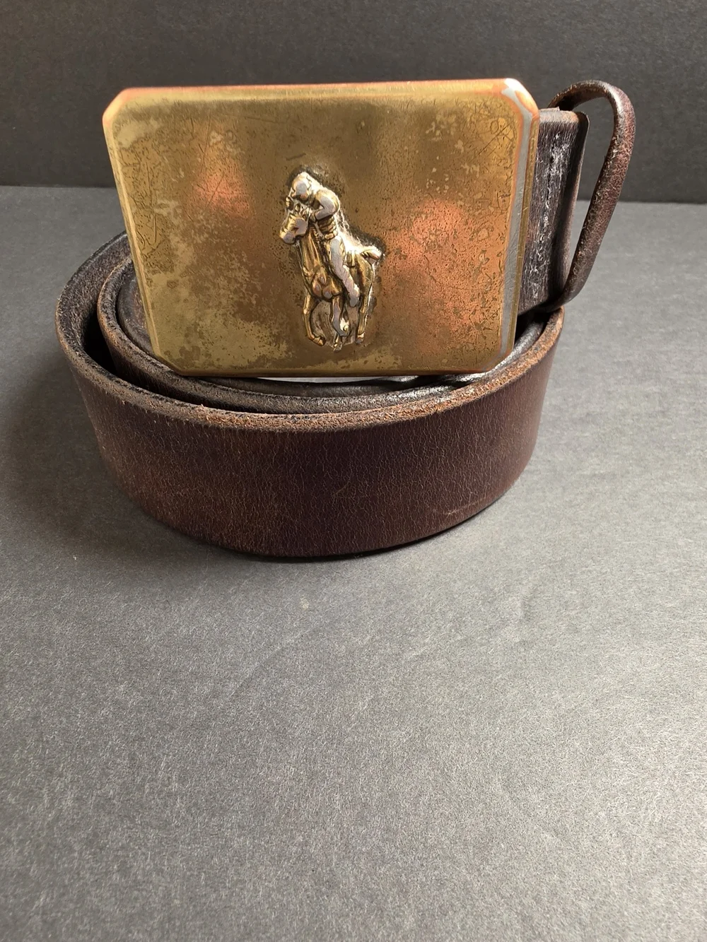 Polo by Ralph Lauren Brown Leather Belt with Distressed Brass Pony Buckle